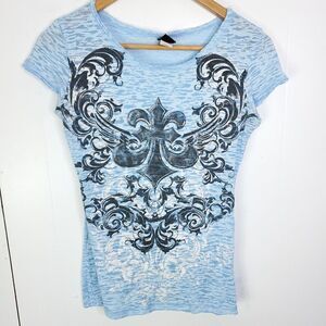 V1 Couture Womens L Burnout Grunge Baby Tee Y2K Vintage Fitted Short Sleeves